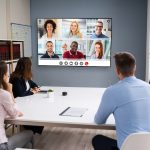 A team video conferencing in an office.